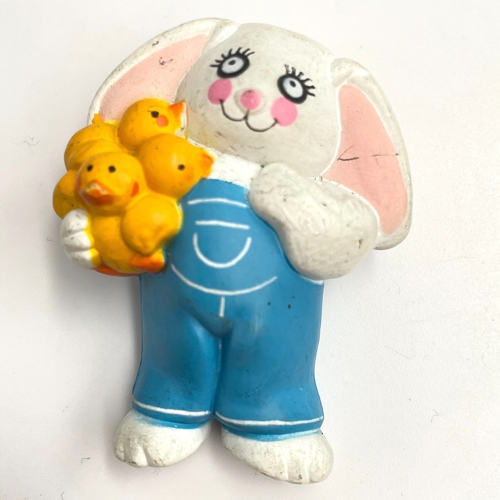 Vintage 90s Easter Unlimited Inc. Bunny Brooch Pin S Lehman 4024 Overalls Chicks